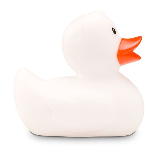 weiße Badeente Snow im Mini-Format mit rotem Schnabel, Größe: ca. 6 cm. Inklusive Quietschventil