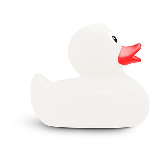weiße Badeente Snow XXL im Großformat mit rotem Schnabel, Größe: ca. 30 cm. Inklusive Quietschventil