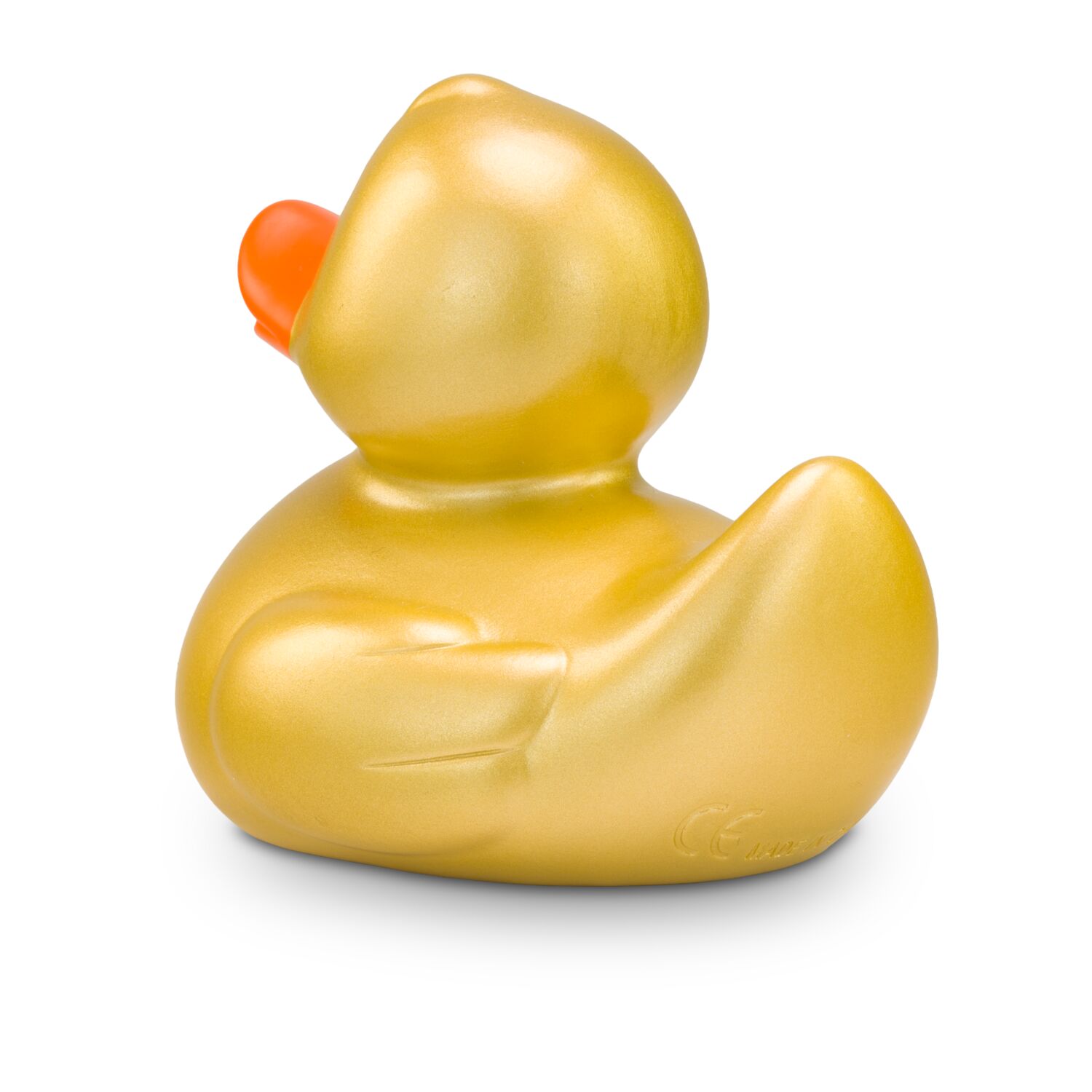 goldene Werbeente Goldmarie mit orangenem Schnabel in Standardform, Größe: ca. 8 cm. Inklusive Quietschventil