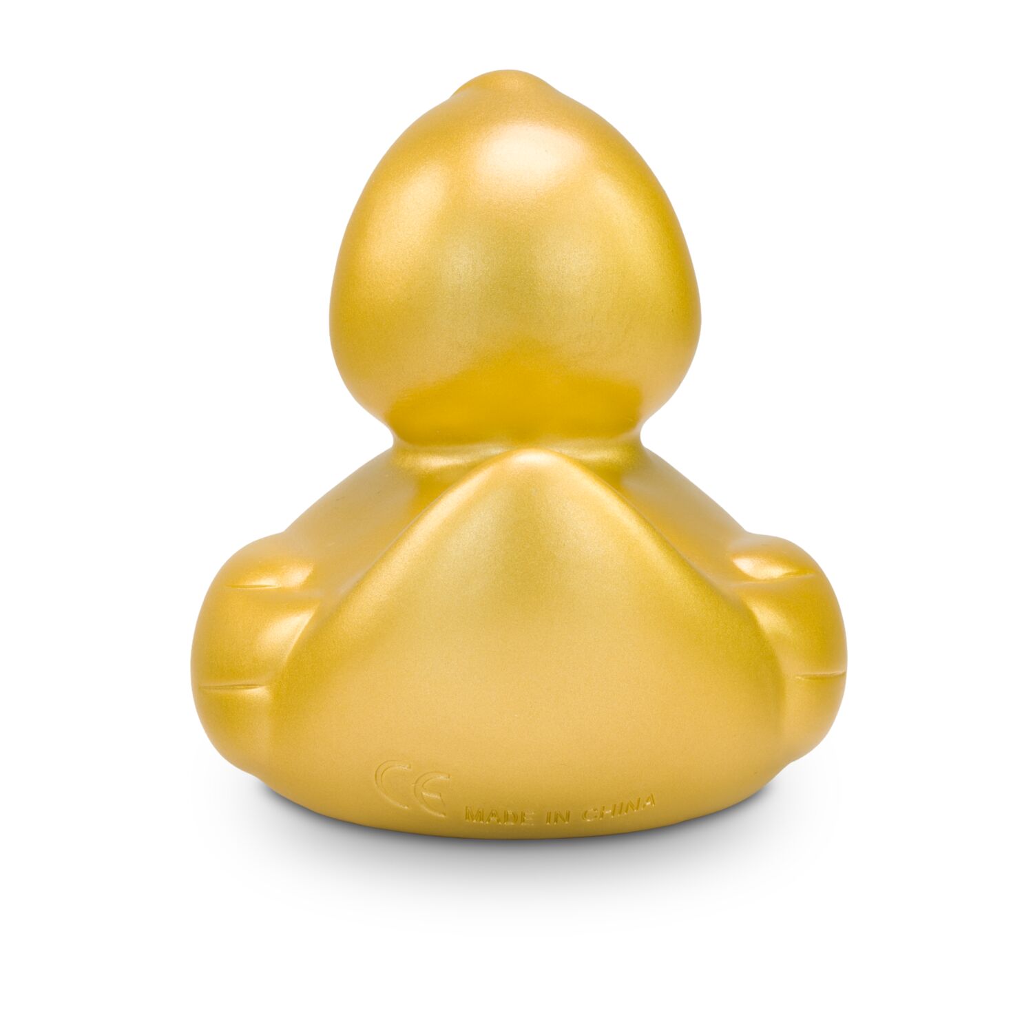 goldene Werbeente Goldmarie mit orangenem Schnabel in Standardform, Größe: ca. 8 cm. Inklusive Quietschventil