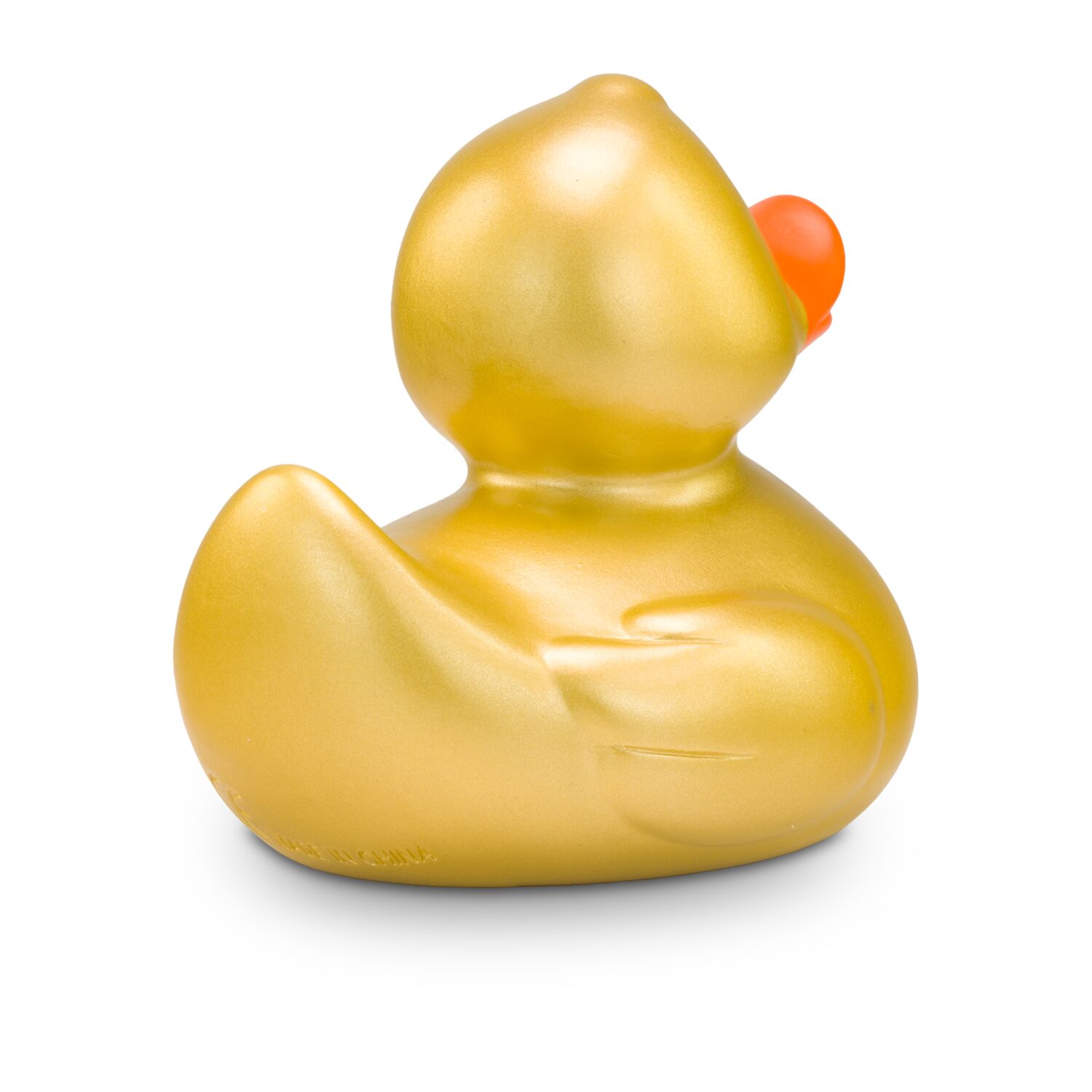 goldene Werbeente Goldmarie mit orangenem Schnabel in Standardform, Größe: ca. 8 cm. Inklusive Quietschventil
