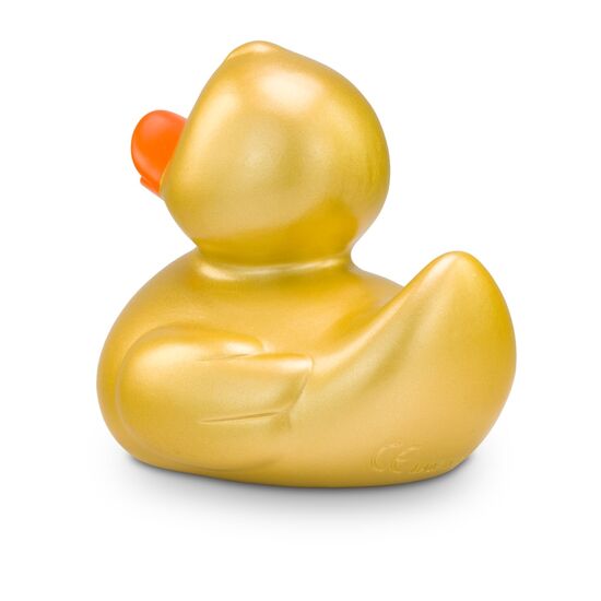 goldene Werbeente Goldmarie mit orangenem Schnabel in Standardform, Größe: ca. 8 cm. Inklusive Quietschventil