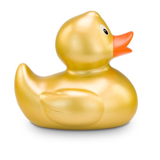 goldene Werbeente Goldmarie mit orangenem Schnabel in Standardform, Größe: ca. 8 cm. Inklusive Quietschventil