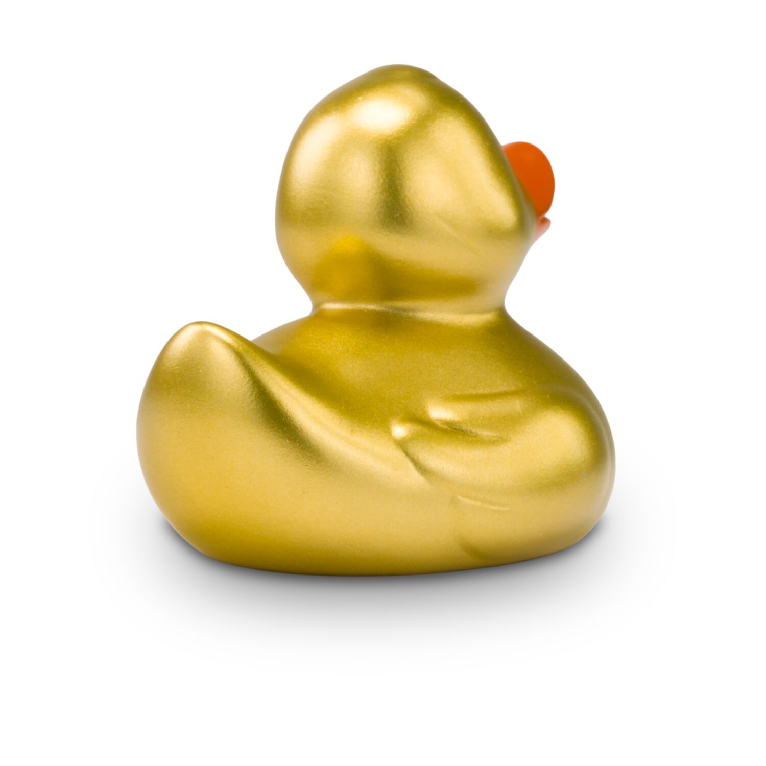 goldene Werbeente Goldmarie Mini in Kleinformat mit orangenem Schnabel. Größe: ca. 6 cm. Inklusive Quietschventil