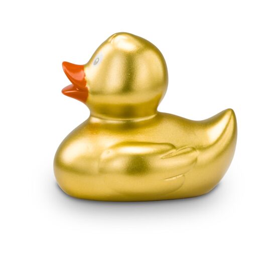 goldene Werbeente Goldmarie Mini in Kleinformat mit orangenem Schnabel. Größe: ca. 6 cm. Inklusive Quietschventil