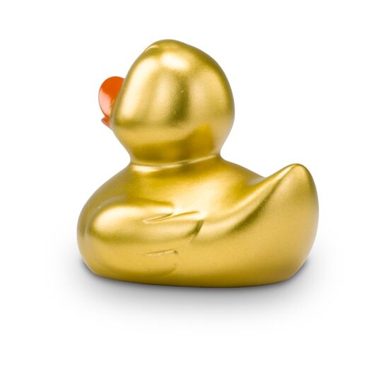 goldene Werbeente Goldmarie Mini in Kleinformat mit orangenem Schnabel. Größe: ca. 6 cm. Inklusive Quietschventil