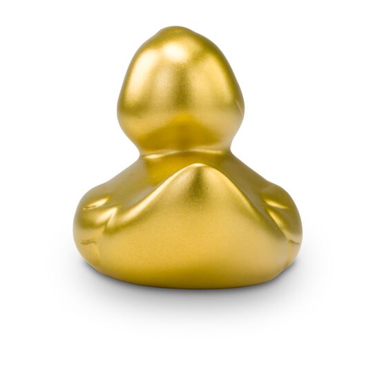 goldene Werbeente Goldmarie Mini in Kleinformat mit orangenem Schnabel. Größe: ca. 6 cm. Inklusive Quietschventil