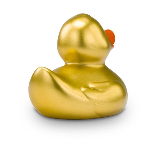 goldene Werbeente Goldmarie Mini in Kleinformat mit orangenem Schnabel. Größe: ca. 6 cm. Inklusive Quietschventil