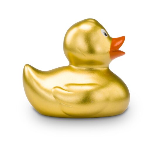 goldene Werbeente Goldmarie Mini in Kleinformat mit orangenem Schnabel. Größe: ca. 6 cm. Inklusive Quietschventil