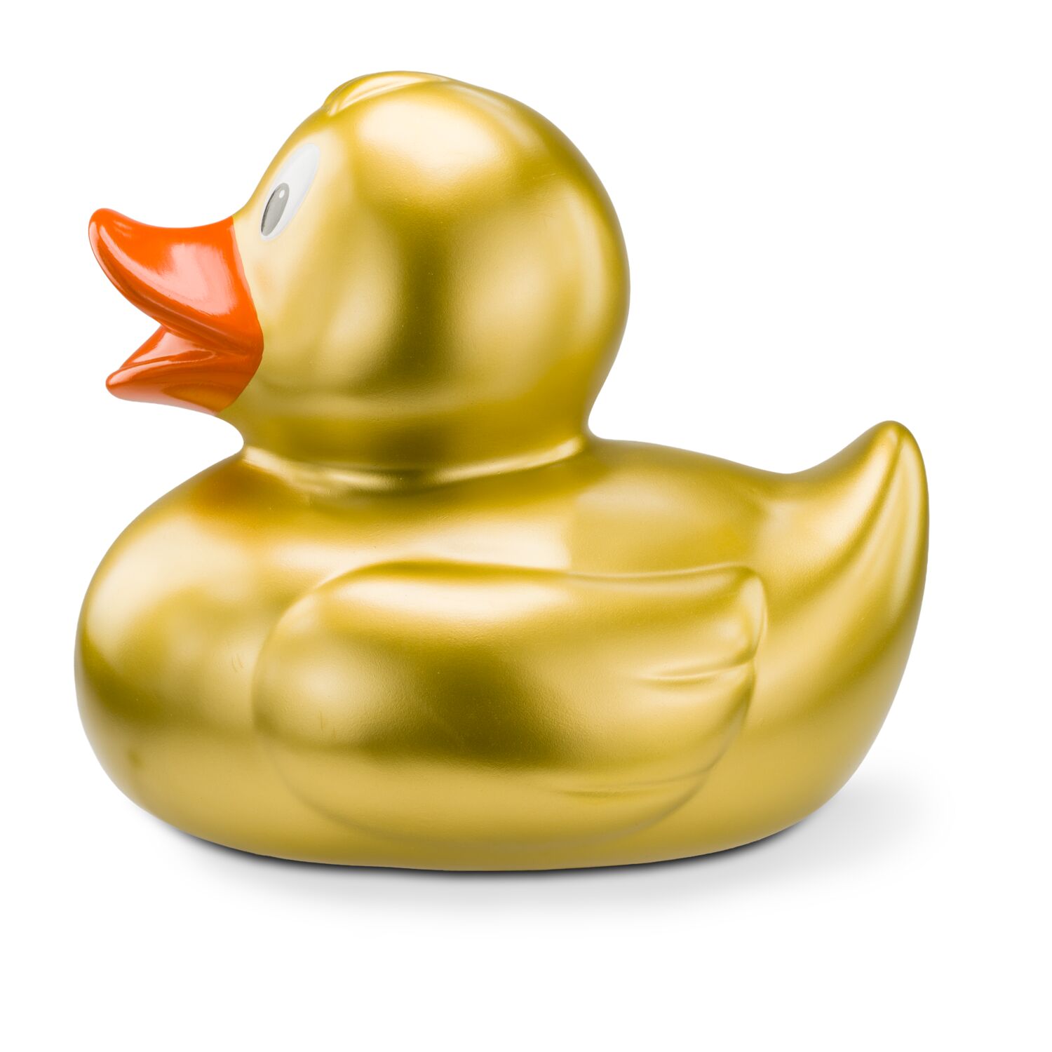 goldene Werbeente Goldmarie XXL in Großformat mit orangenem Schnabel, Größe: ca. 30 cm. Inklusive Quietschventil