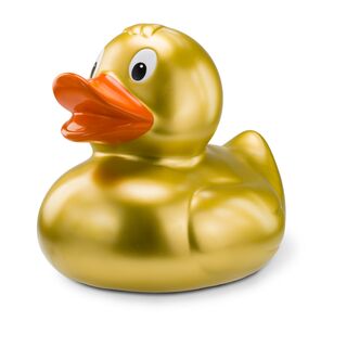 goldene Werbeente Goldmarie XXL in Großformat mit orangenem Schnabel, Größe: ca. 30 cm. Inklusive Quietschventil