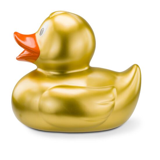 goldene Werbeente Goldmarie XXL in Großformat mit orangenem Schnabel, Größe: ca. 30 cm. Inklusive Quietschventil
