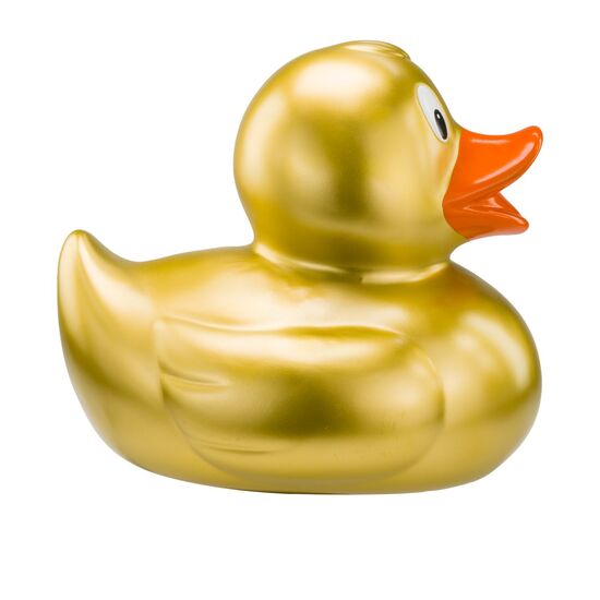 goldene Werbeente Goldmarie XXL in Großformat mit orangenem Schnabel, Größe: ca. 30 cm. Inklusive Quietschventil