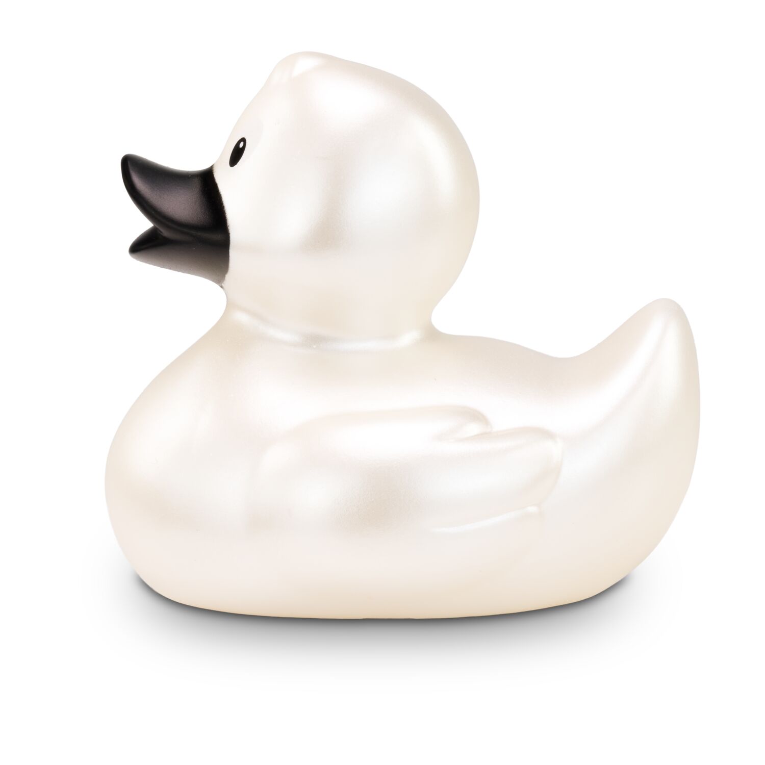 perlmutte Werbeente Pia Perlmutt mit schwarzem Schnabel und in Standardform, Größe: ca. 8 cm. Inklusive Quietschventil