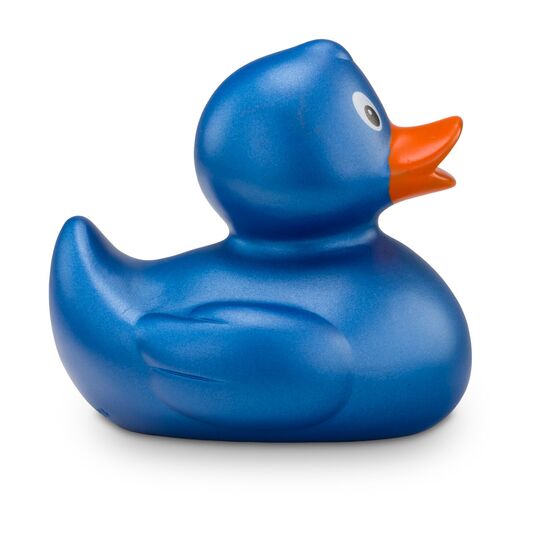 kobaltblaue Werbeente Bianca Blauglanz mit orangenem Schnabel in Standardform, Größe: ca. 8 cm. Inklusive Quietschventil