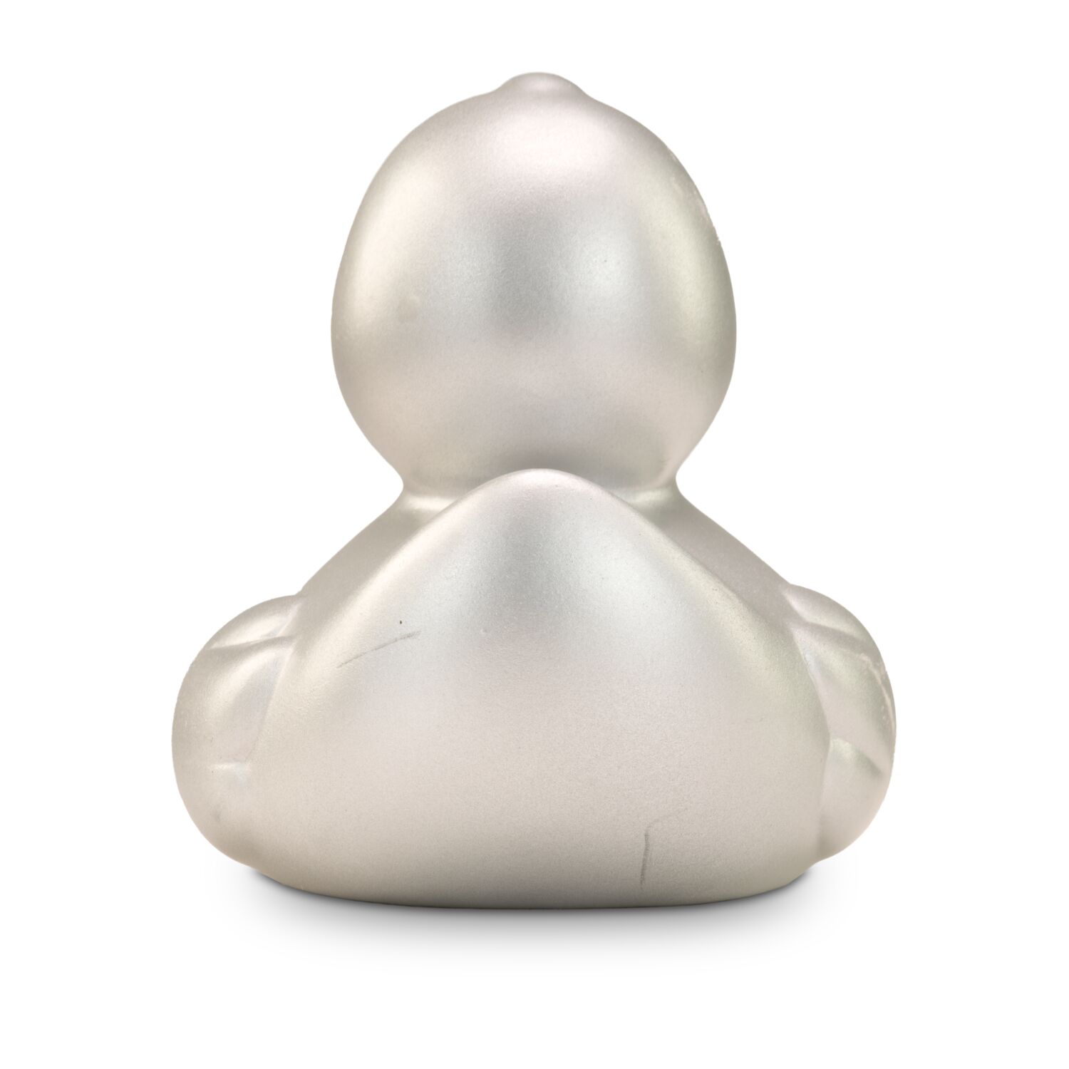 silberne Werbeente Sylvie mit orangenem Schnabel in Standardform, Größe: ca. 8 cm. Inklusive Quietschventil