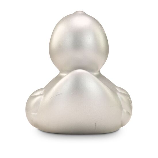 silberne Werbeente Sylvie mit orangenem Schnabel in Standardform, Größe: ca. 8 cm. Inklusive Quietschventil