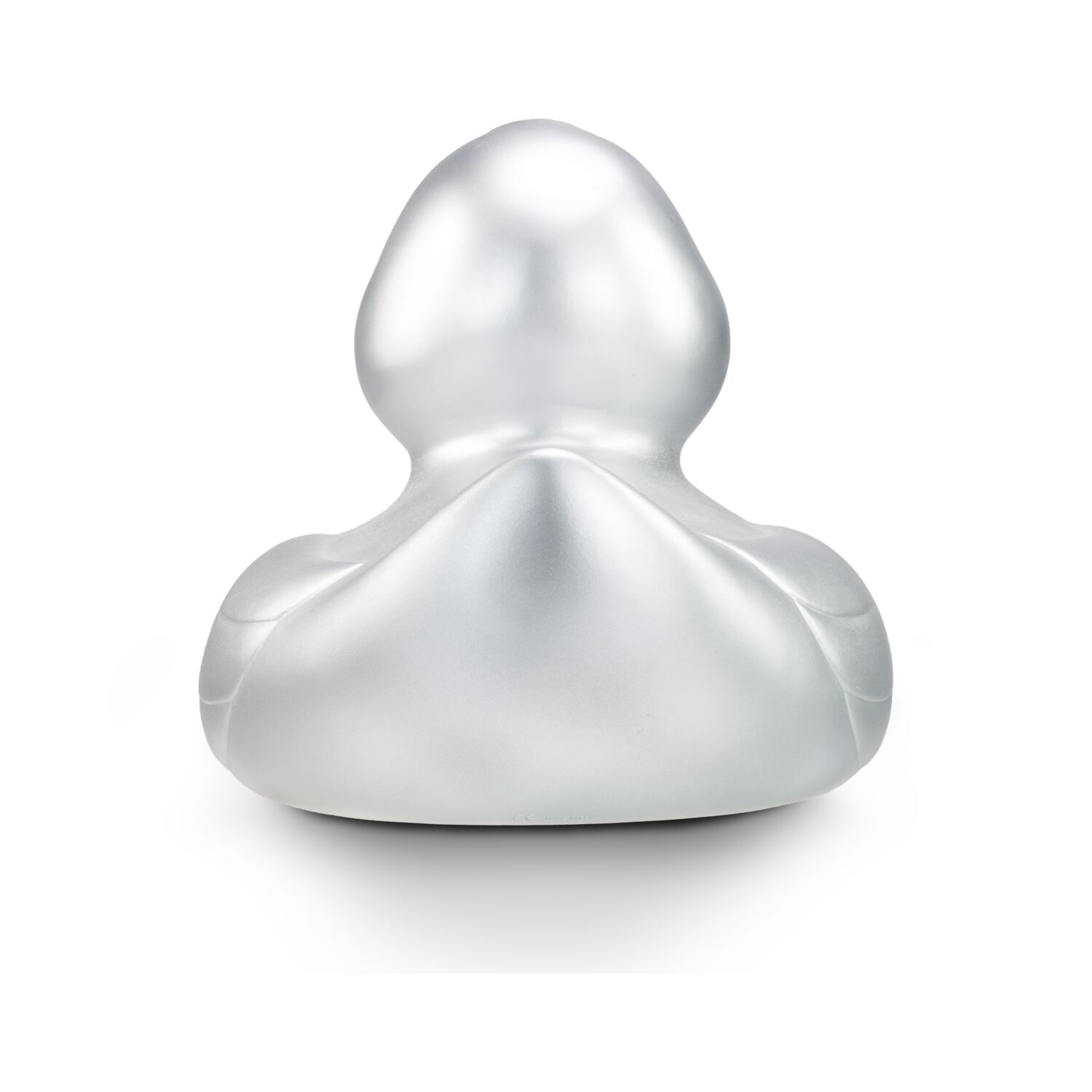 silberne Werbeente Sylvie XXL in Großformat mit orangenem Schnabel, Größe: ca. 30 cm. Inklusive Quietschventil