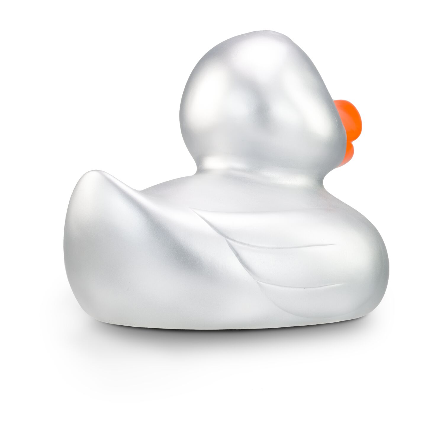 silberne Werbeente Sylvie XXL in Großformat mit orangenem Schnabel, Größe: ca. 30 cm. Inklusive Quietschventil
