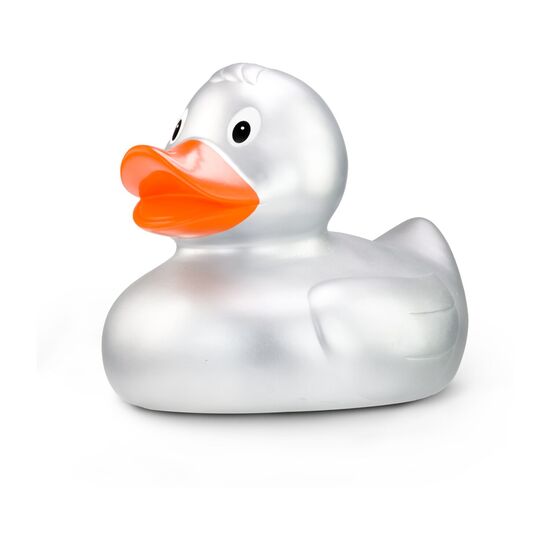 silberne Werbeente Sylvie XXL in Großformat mit orangenem Schnabel, Größe: ca. 30 cm. Inklusive Quietschventil