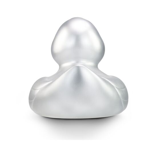 silberne Werbeente Sylvie XXL in Großformat mit orangenem Schnabel, Größe: ca. 30 cm. Inklusive Quietschventil