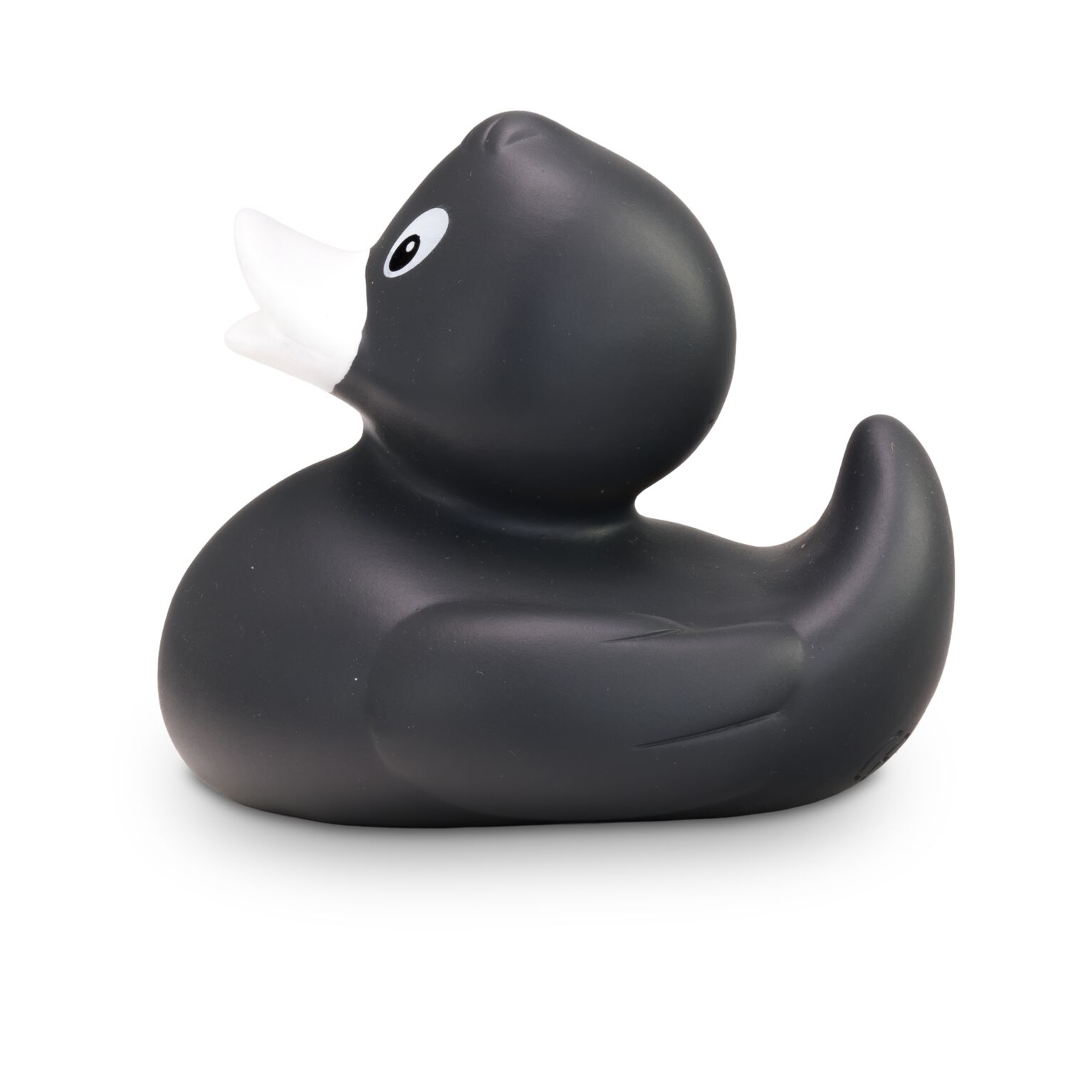 anthrazite Werbeente Aaron Anthrazit mit weißem Schnabel in Standardform, Größe: ca. 8 cm. Inklusive Quietschventil