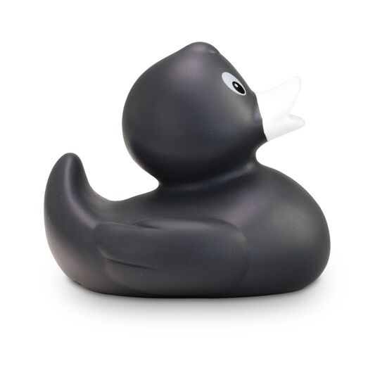 anthrazite Werbeente Aaron Anthrazit mit weißem Schnabel in Standardform, Größe: ca. 8 cm. Inklusive Quietschventil