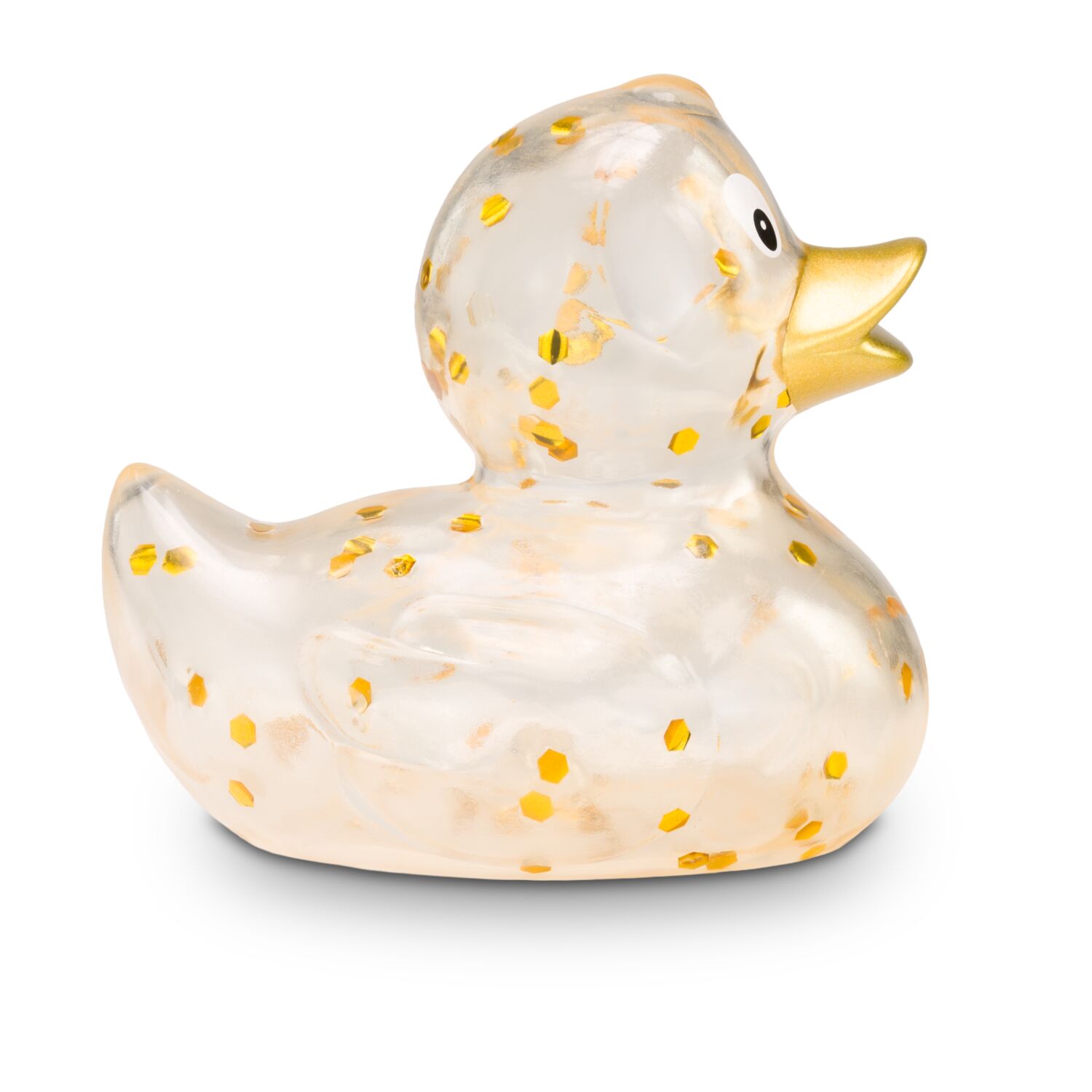 transparente Werbeente Fine Funkelgold mit goldschimmerndem Glitzer-Konfetti, Größe: ca. 8 cm. Inklusive Quietschventil