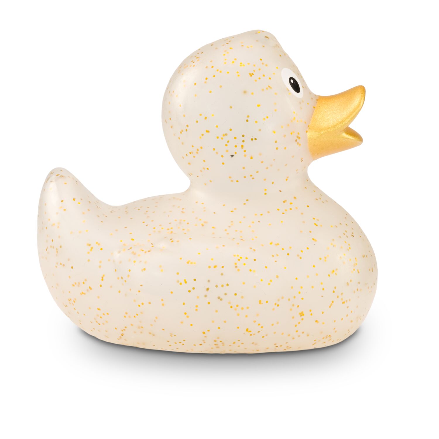 transparente Werbeente Giselle Goldglitzer mit goldenen Glitzerpartikeln und goldenem Schnabel, Größe: ca. 8 cm. Inklusive Quietschventil