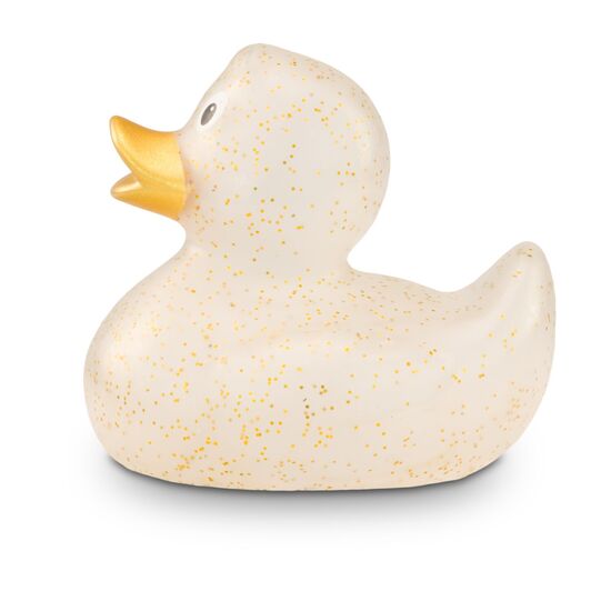 transparente Werbeente Giselle Goldglitzer mit goldenen Glitzerpartikeln und goldenem Schnabel, Größe: ca. 8 cm. Inklusive Quietschventil