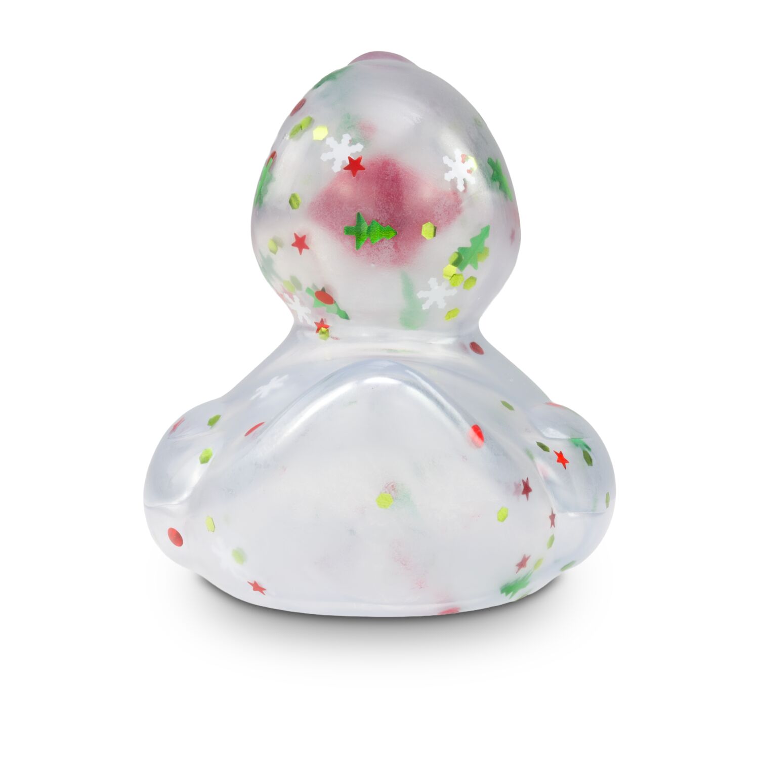 transparente Werbeente Leni Lametta mit roten und grünen Weihnachtsglitzer in verschiedenen Formen und rotem Schnabel, Größe: ca. 8 cm. Inklusive Quietschventil