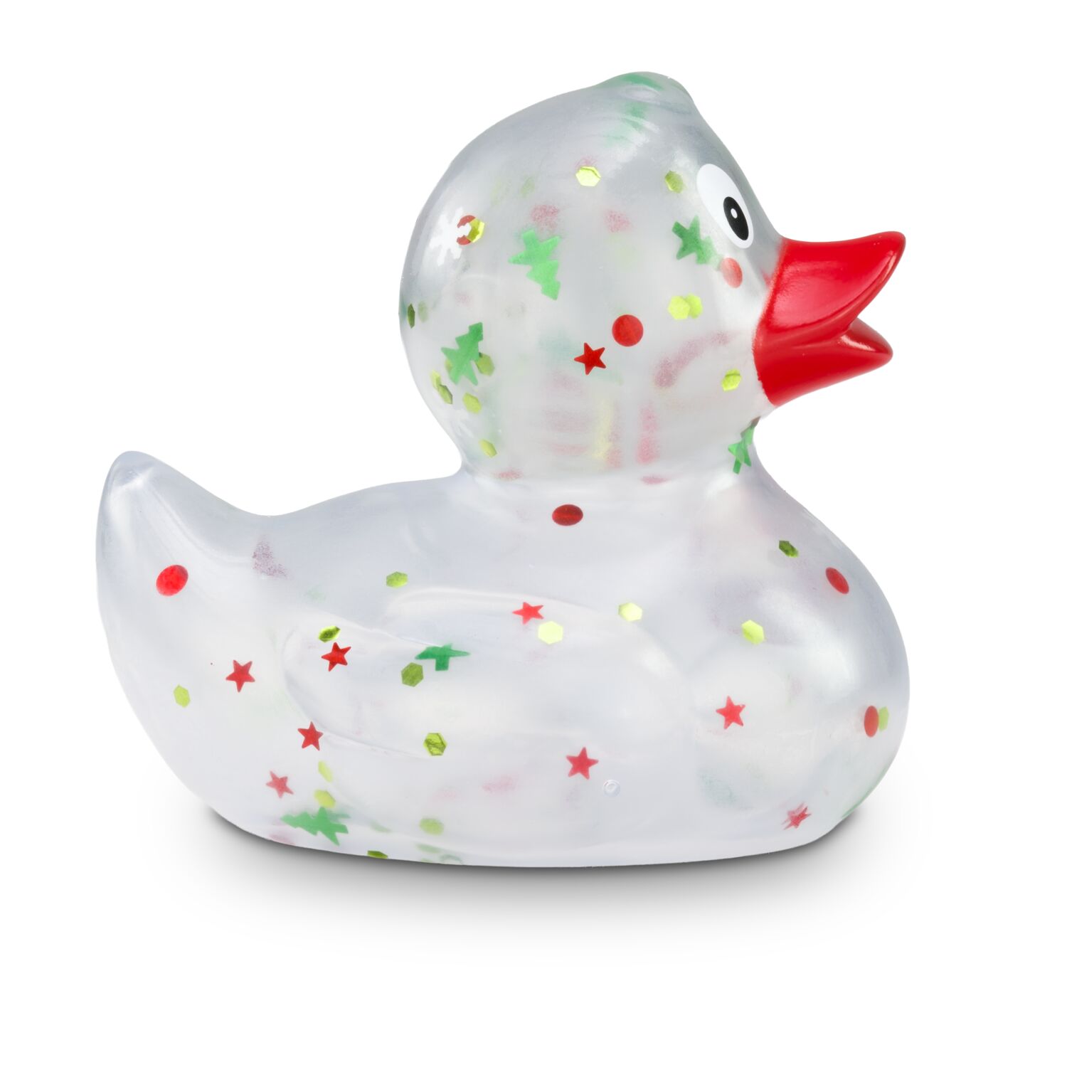 transparente Werbeente Leni Lametta mit roten und grünen Weihnachtsglitzer in verschiedenen Formen und rotem Schnabel, Größe: ca. 8 cm. Inklusive Quietschventil