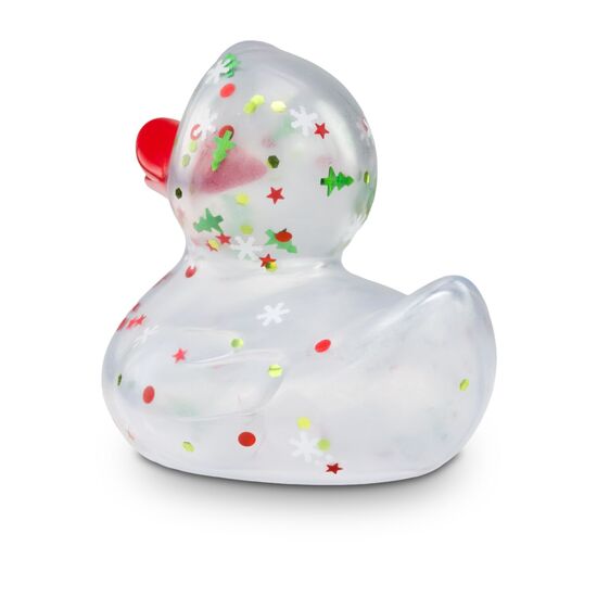 transparente Werbeente Leni Lametta mit roten und grünen Weihnachtsglitzer in verschiedenen Formen und rotem Schnabel, Größe: ca. 8 cm. Inklusive Quietschventil