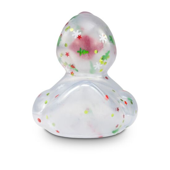 transparente Werbeente Leni Lametta mit roten und grünen Weihnachtsglitzer in verschiedenen Formen und rotem Schnabel, Größe: ca. 8 cm. Inklusive Quietschventil