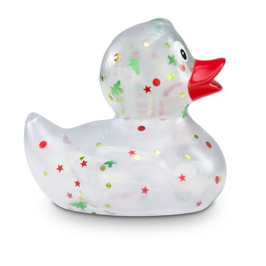 transparente Werbeente Leni Lametta mit roten und grünen Weihnachtsglitzer in verschiedenen Formen und rotem Schnabel, Größe: ca. 8 cm. Inklusive Quietschventil