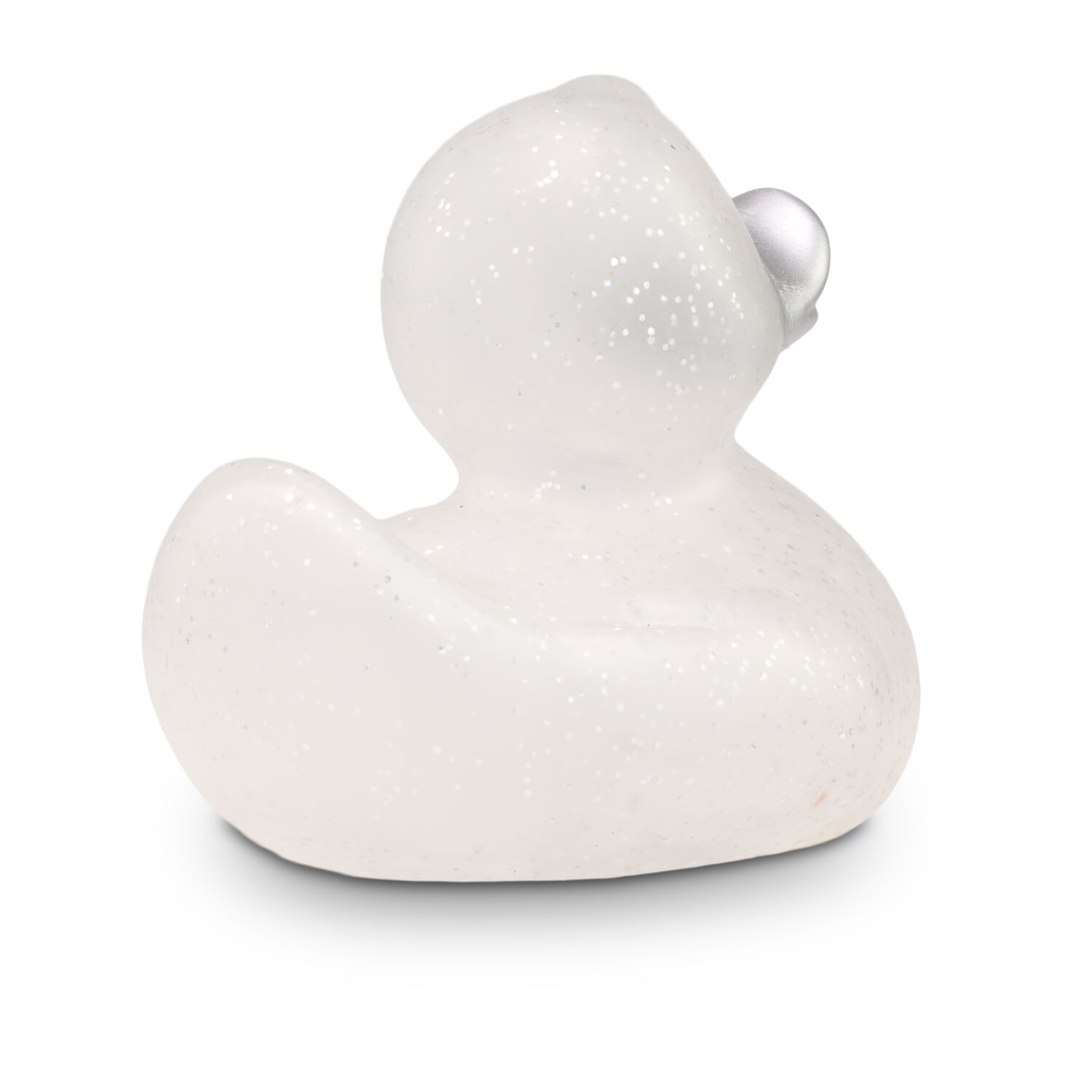 transparente Werbeente Silke Silberglitze mit silbernen Glitzerpartikeln und silbernem Schnabel, Größe: ca. 8 cm. Inklusive Quietschventil