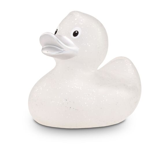 transparente Werbeente Silke Silberglitze mit silbernen Glitzerpartikeln und silbernem Schnabel, Größe: ca. 8 cm. Inklusive Quietschventil