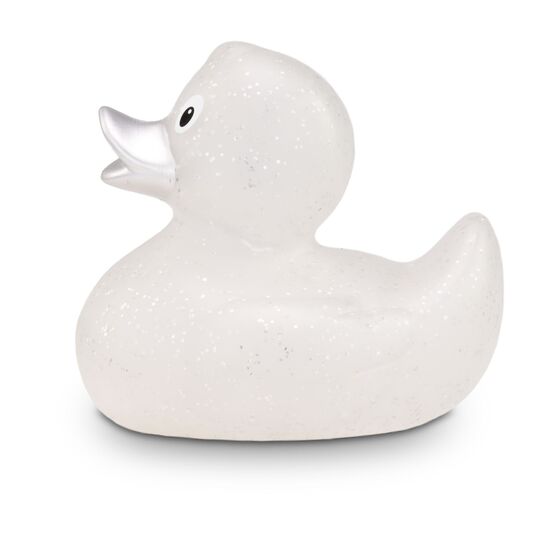 transparente Werbeente Silke Silberglitze mit silbernen Glitzerpartikeln und silbernem Schnabel, Größe: ca. 8 cm. Inklusive Quietschventil