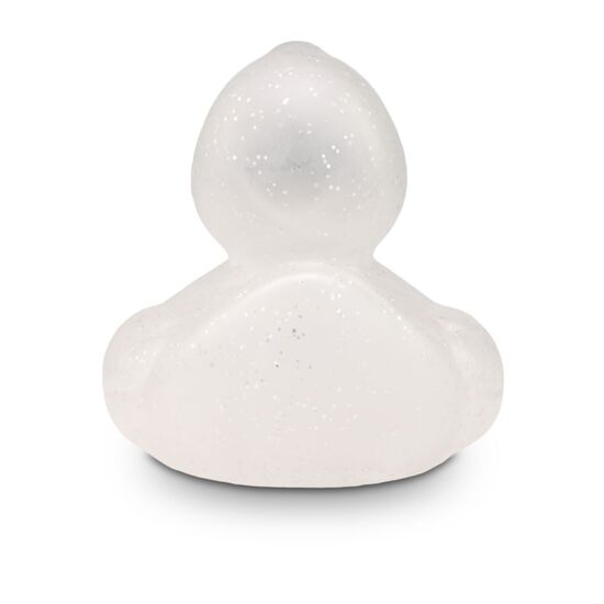 transparente Werbeente Silke Silberglitze mit silbernen Glitzerpartikeln und silbernem Schnabel, Größe: ca. 8 cm. Inklusive Quietschventil