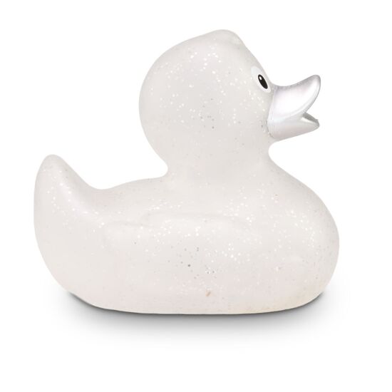 transparente Werbeente Silke Silberglitze mit silbernen Glitzerpartikeln und silbernem Schnabel, Größe: ca. 8 cm. Inklusive Quietschventil