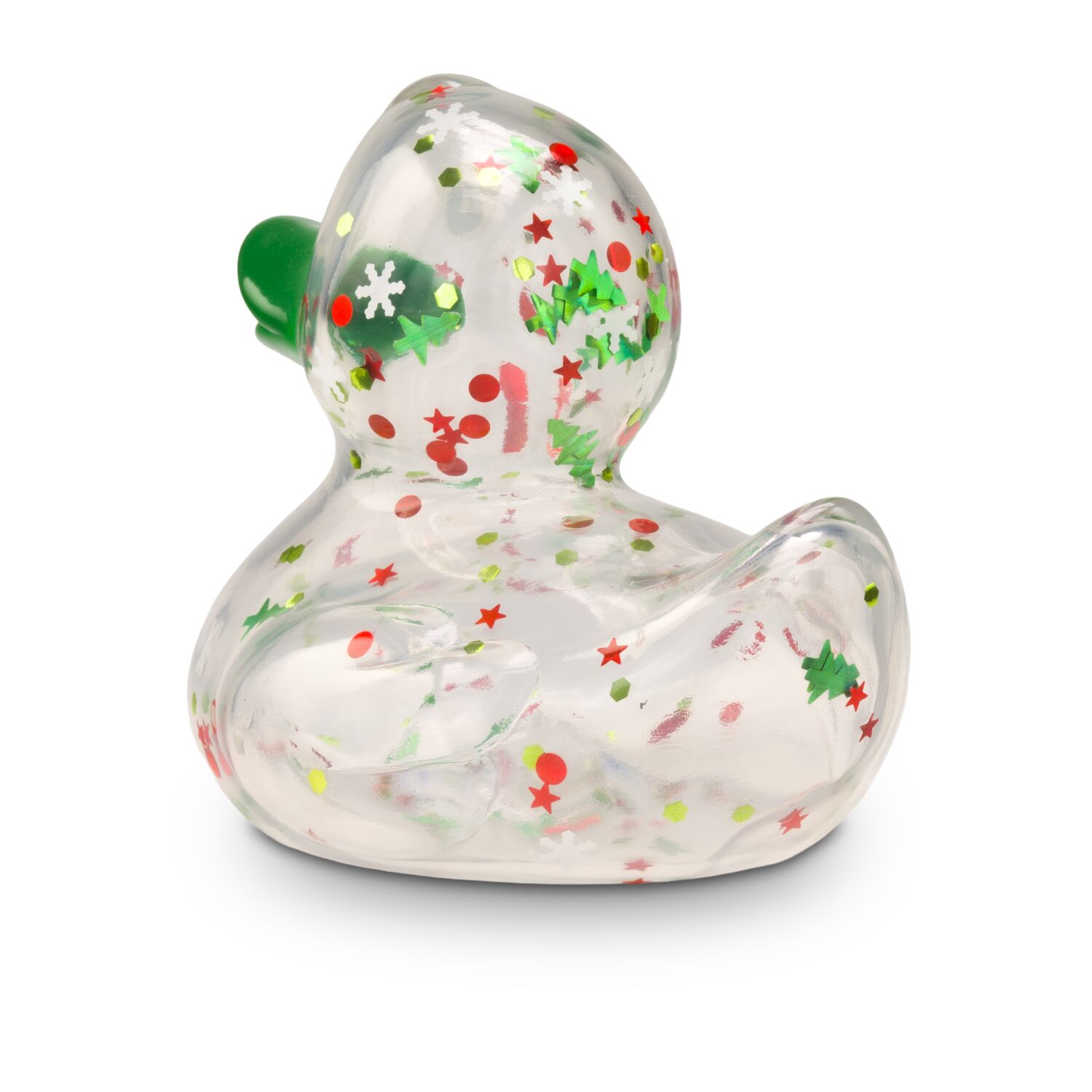 transparente Werbeente Luis Lametta mit roten und grünen Weihnachtsglitzer in verschiedenen Formen und grünem Schnabel, Größe: ca. 8 cm. Inklusive Quietschventil