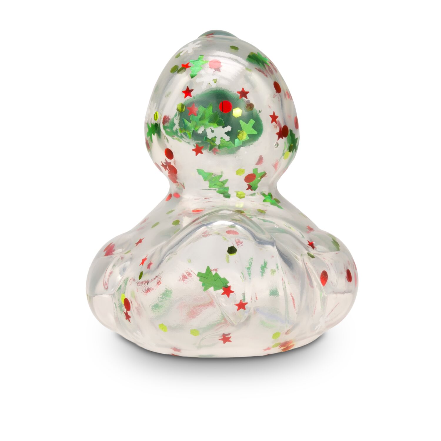 transparente Werbeente Luis Lametta mit roten und grünen Weihnachtsglitzer in verschiedenen Formen und grünem Schnabel, Größe: ca. 8 cm. Inklusive Quietschventil