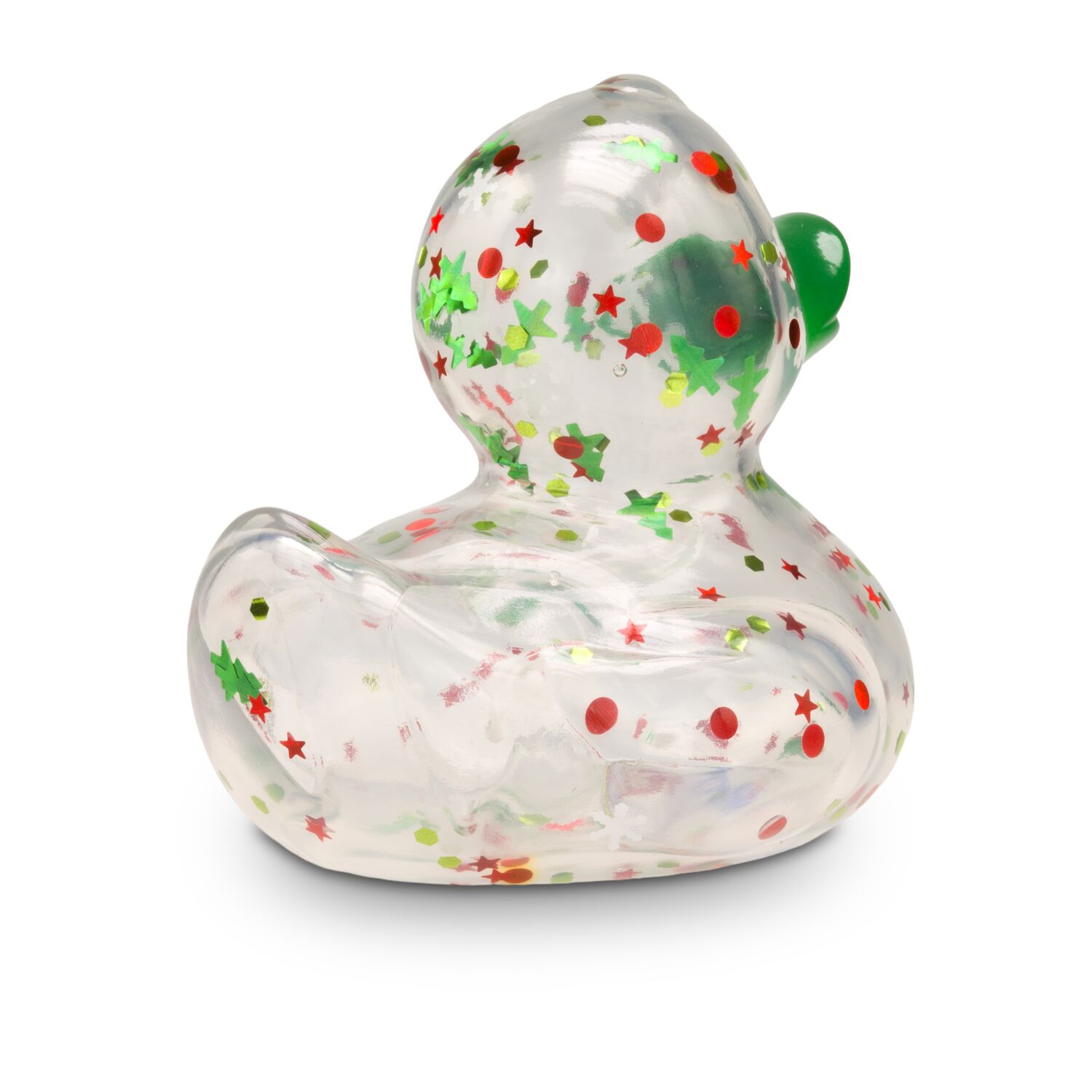 transparente Werbeente Luis Lametta mit roten und grünen Weihnachtsglitzer in verschiedenen Formen und grünem Schnabel, Größe: ca. 8 cm. Inklusive Quietschventil