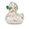 transparente Werbeente Luis Lametta mit roten und grünen Weihnachtsglitzer in verschiedenen Formen und grünem Schnabel, Größe: ca. 8 cm. Inklusive Quietschventil