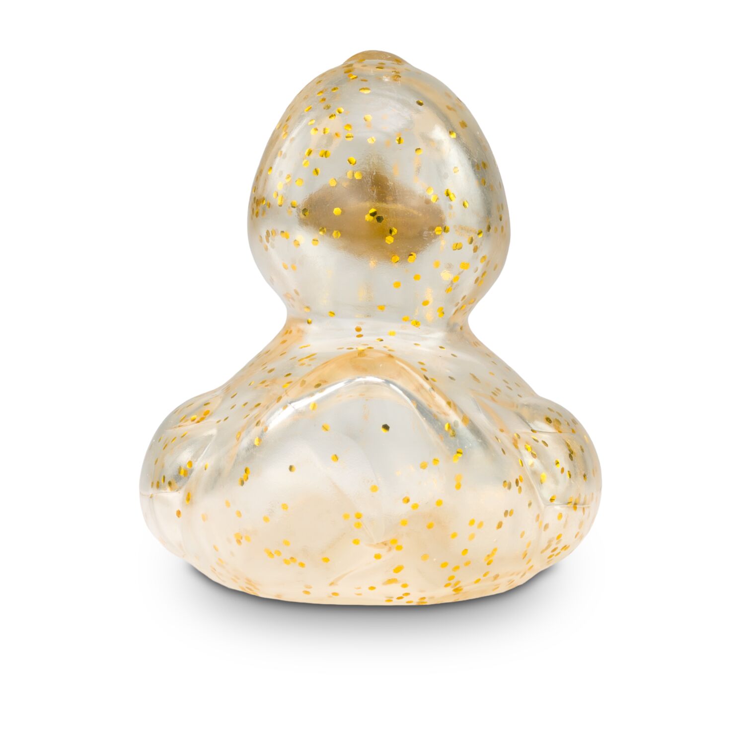transparente Werbeente Gloria Goldglitzer mit goldenen Partikeln und goldenem Schnabel, Größe: ca. 8 cm. Inklusive Quietschventil