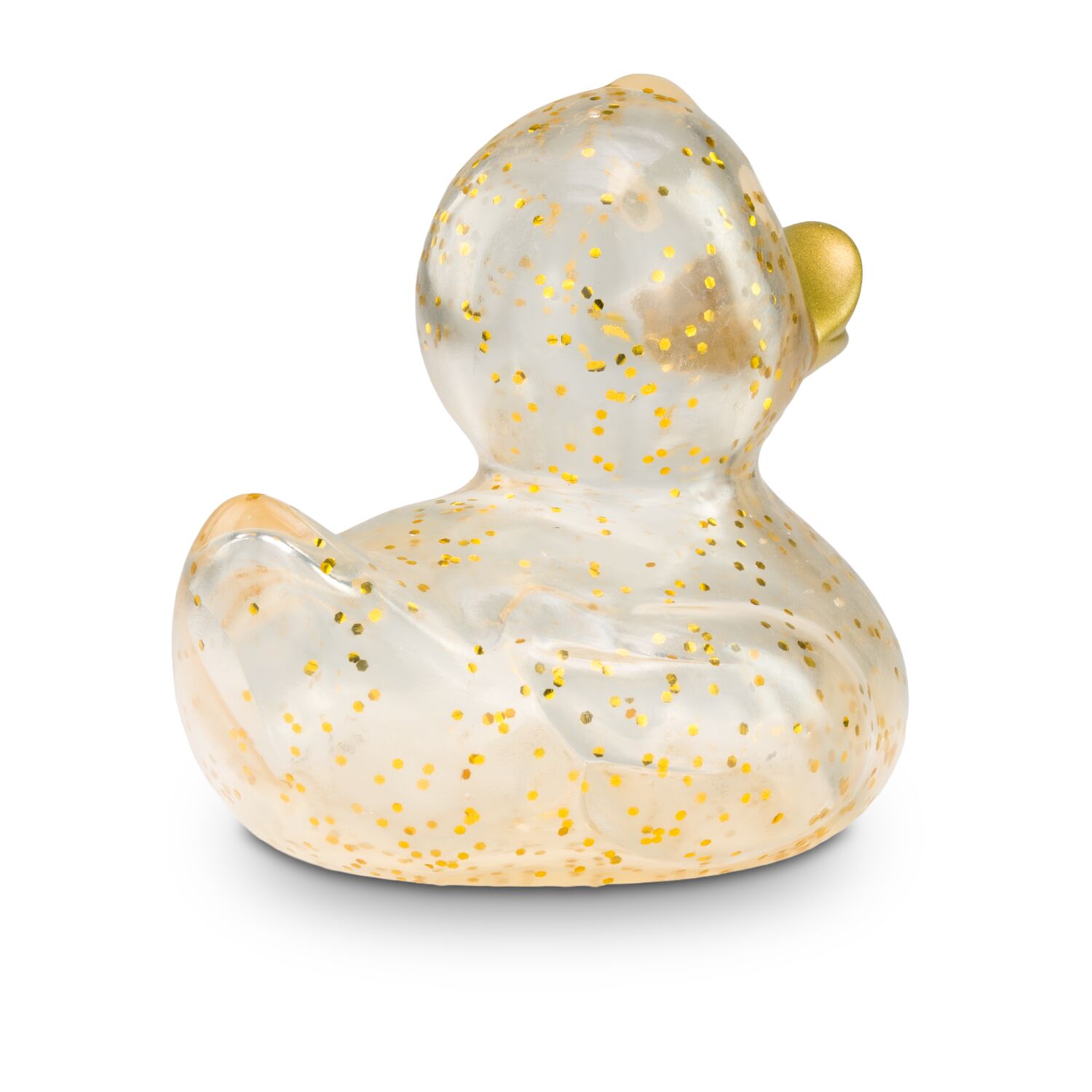 transparente Werbeente Gloria Goldglitzer mit goldenen Partikeln und goldenem Schnabel, Größe: ca. 8 cm. Inklusive Quietschventil