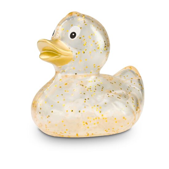 transparente Werbeente Gloria Goldglitzer mit goldenen Partikeln und goldenem Schnabel, Größe: ca. 8 cm. Inklusive Quietschventil