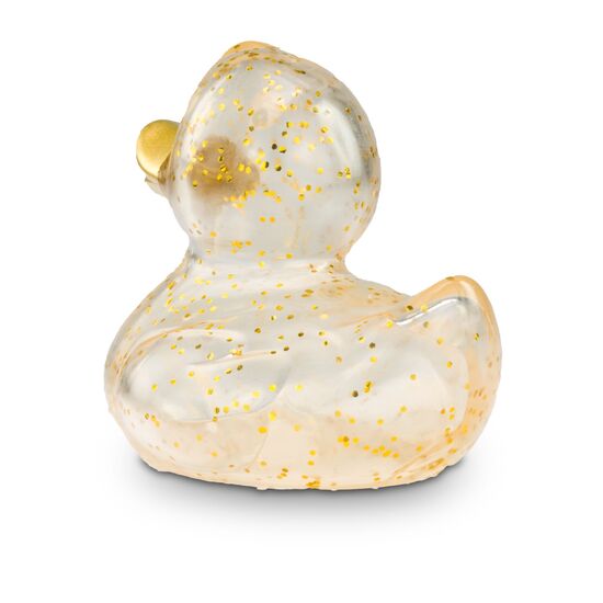 transparente Werbeente Gloria Goldglitzer mit goldenen Partikeln und goldenem Schnabel, Größe: ca. 8 cm. Inklusive Quietschventil