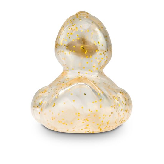 transparente Werbeente Gloria Goldglitzer mit goldenen Partikeln und goldenem Schnabel, Größe: ca. 8 cm. Inklusive Quietschventil