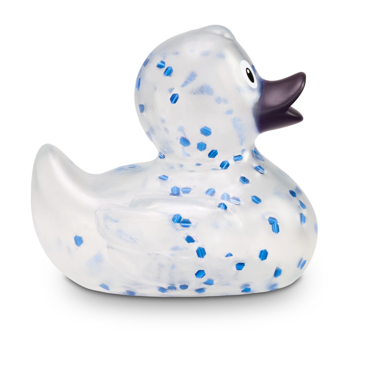 transparente Werbeente Bibi Blauglitzer mit blauem Glitzer-Konfetti und royalblauem Schnabel, Größe: ca. 8 cm. Inklusive Quietschventil